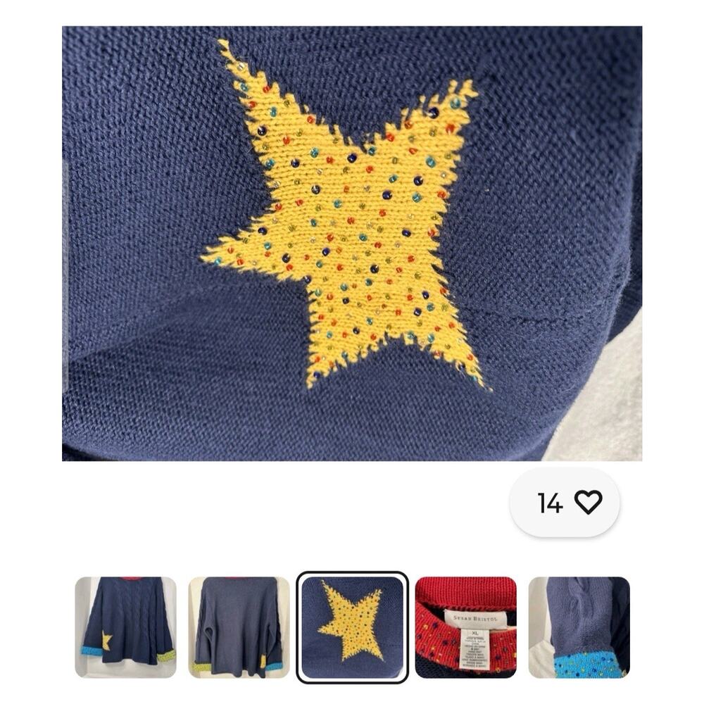 Susan Bristol Women Beaded Sweater Size M Navy Blue Gold Star Vintage EUC - Picture 3 of 9